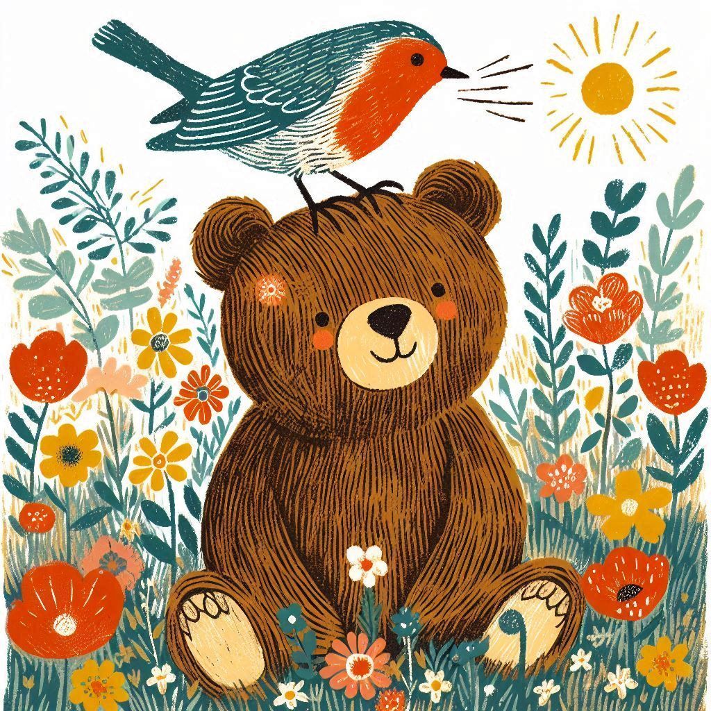 the robin sits on the head of the cute teddy bear