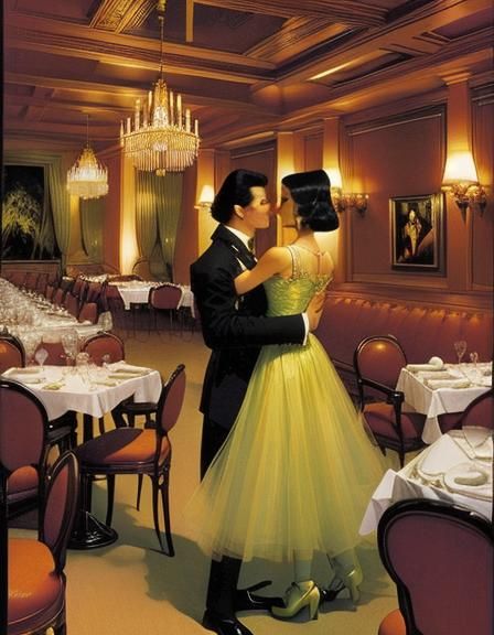 Two aliens on a date in a fancy restaurant.