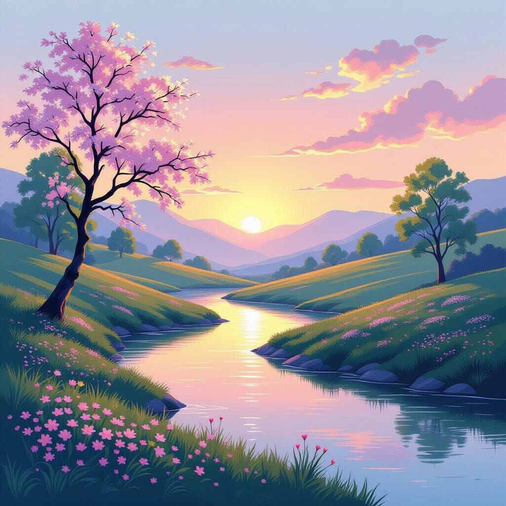 Serene Airbrush Landscape with Rolling Hills and River