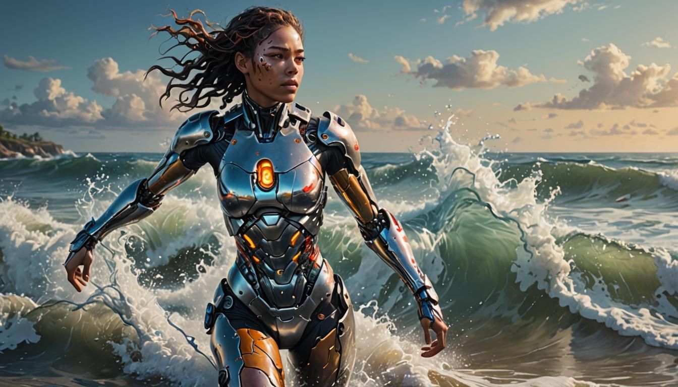 Cyborg girl walking in the waves