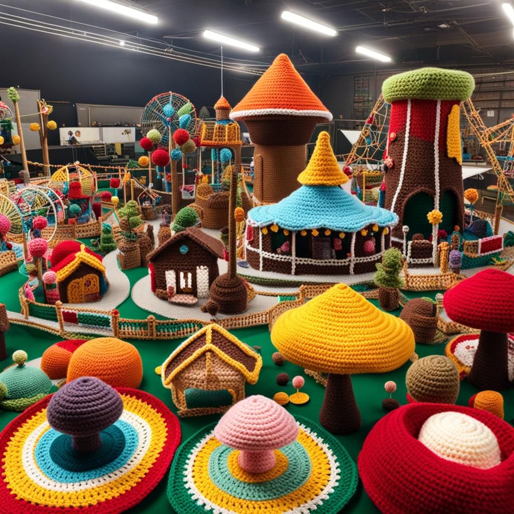 A crochet amusement park with free yarn, rides, and craft th...