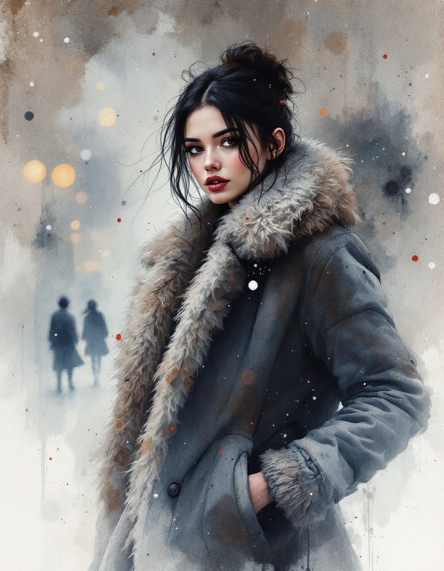 fur collar in mist / soft lights blur behind her stride / wi...