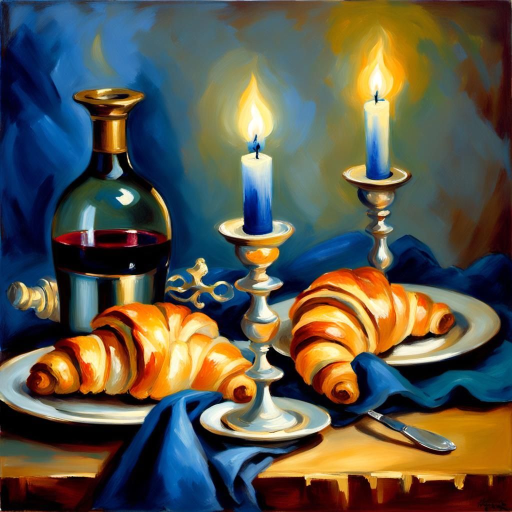 Impressionist Still Life with Croissants and Candelabras in...