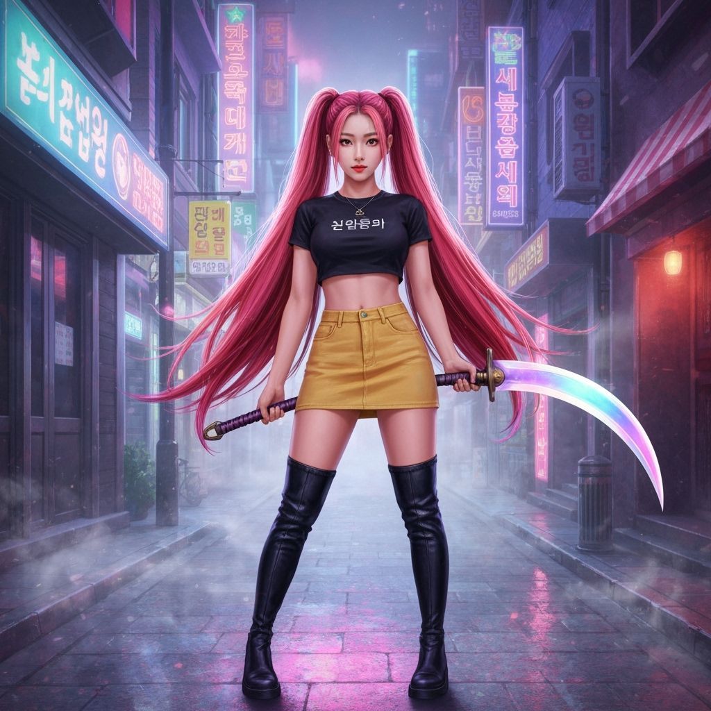 Neon Cityscape: Korean Woman with Scythe-Sword