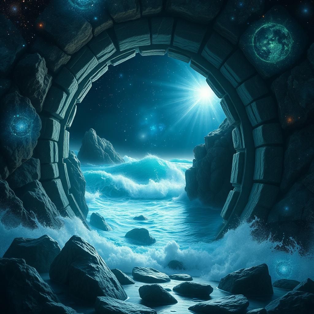 ocean rushing through the stone door of night, Astral, biolu...