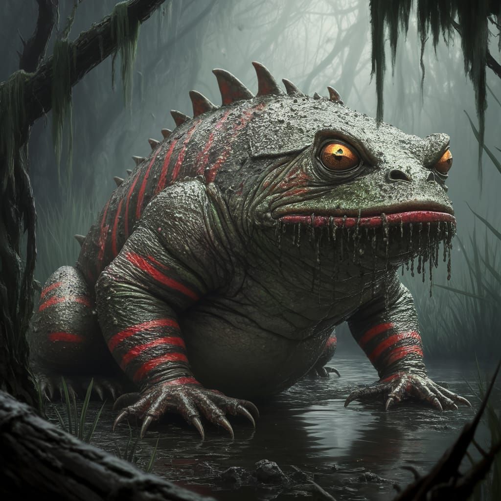 an ultra-realistic image of a hybrid animal that combines features of a giant toad and a Gila monster. The creature, resides in a murky, ov...