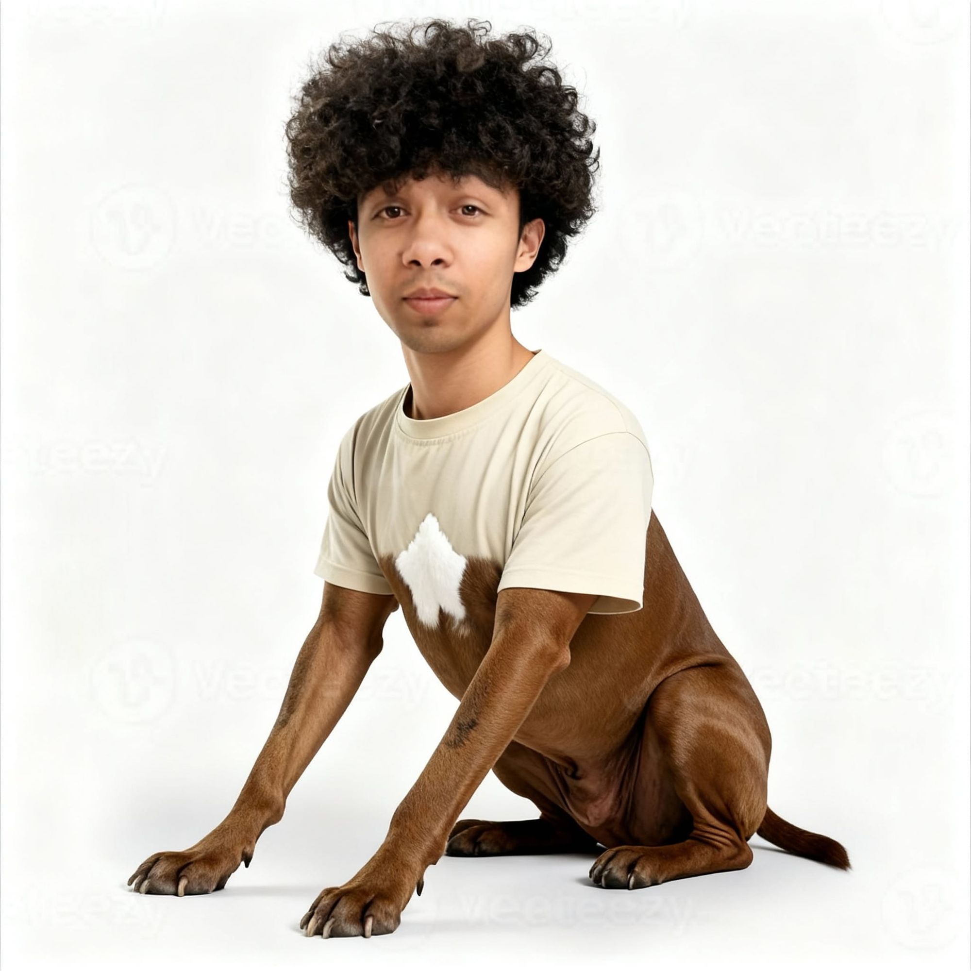 a dog with the head of a human neck up but dog body - torso and limbs 