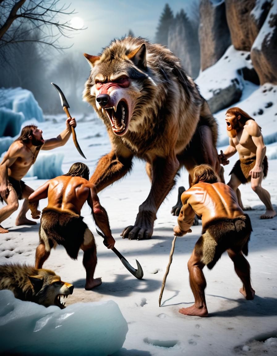 Nature photography. Cavemen, ice age. Wolves versus neandert...