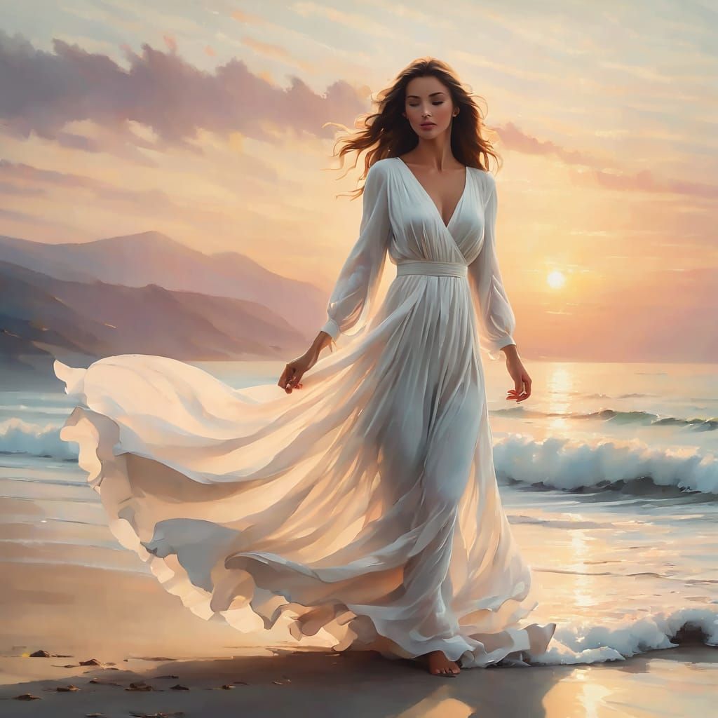 a beautiful woman wearing a ankle length flowing white dress...