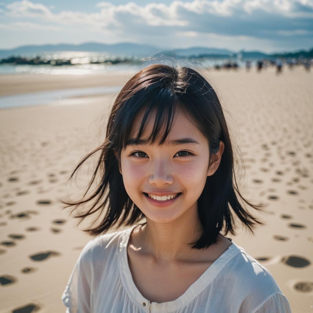 Japanese Girl Smiling on Sunny Beach: J-Pop Photography