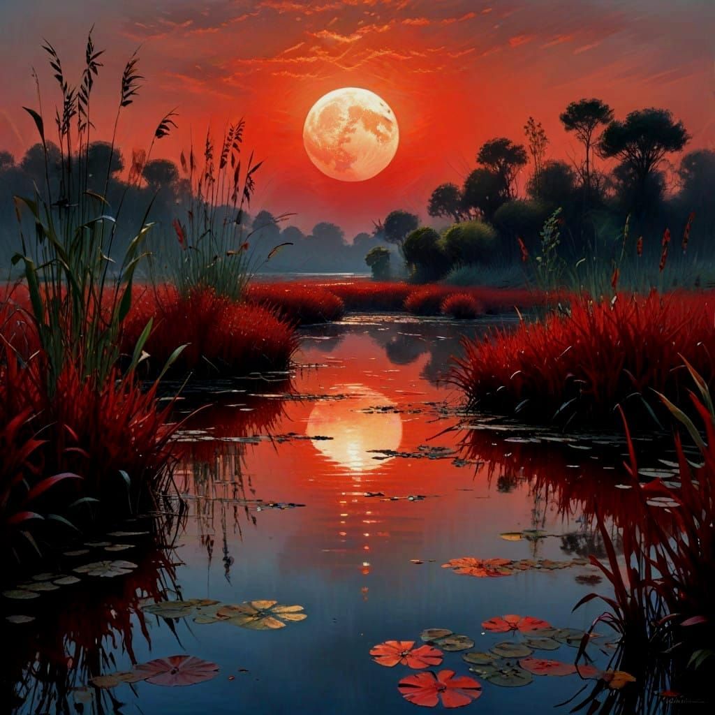 A serene Asiatic wetland scene dominated by towering high reeds that sway gently in the night breeze. ...  by @BC