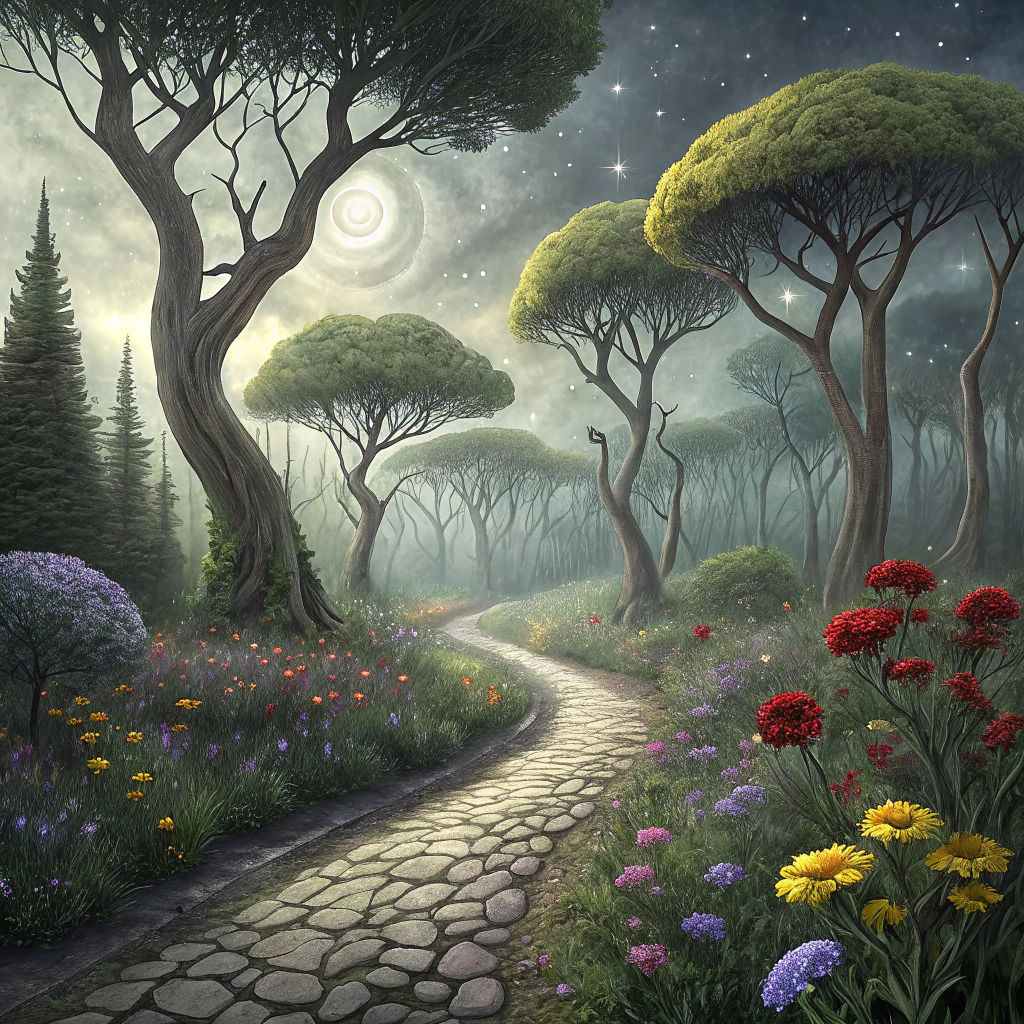 Whimisical forest with tall, twisted trees, rounded green, leafy tops  Gray starlit sky, cobblestone pathway, variety of colored flowers inc...