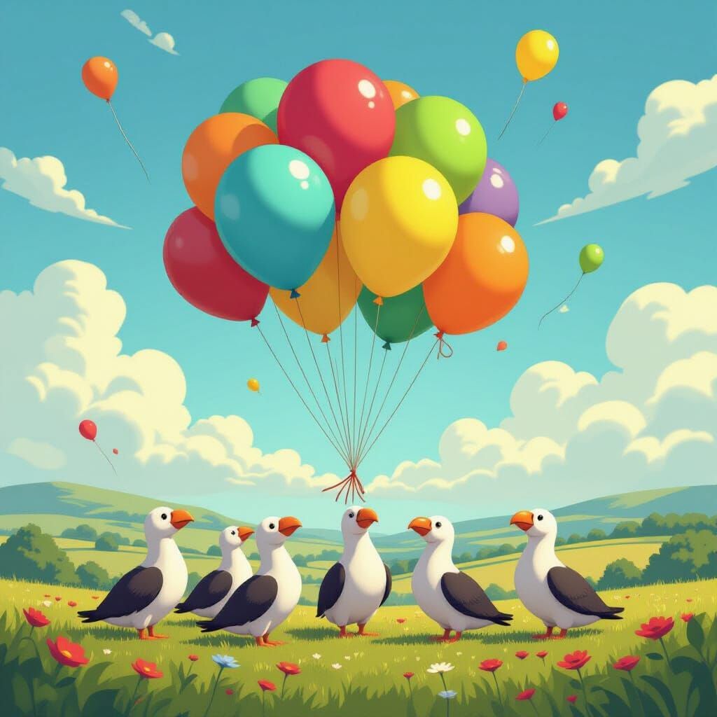 A flock of dodos comically attempting to fly using oversized, brightly colored balloons, set against a backdrop of a serene, rolling country...