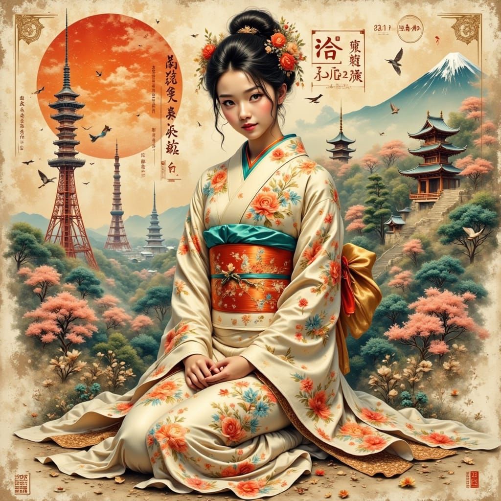 Japanese Woman in Kimono with Vibrant Floral Patterns
