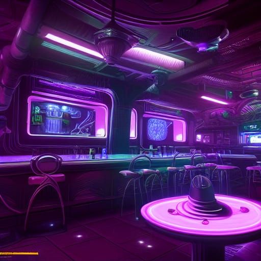Futuristic interior pub violet lights