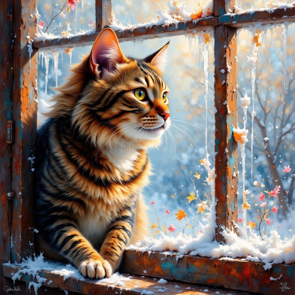Tabby Cat Observing Dripping Icicles in Impasto Oil Style