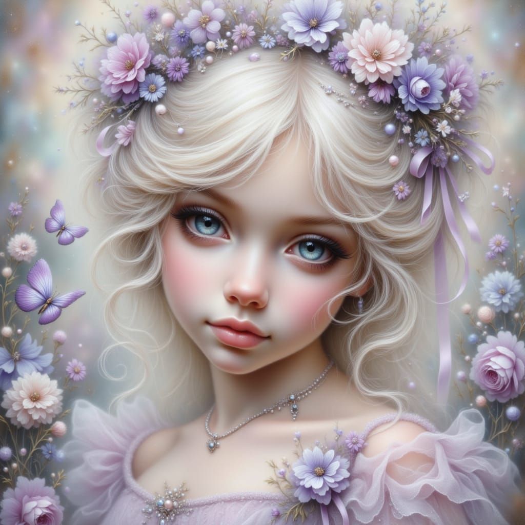 A macro close-up of a whimsical, faerie child with fluffy white hair and bright blue eyes gazes softly at the viewer. She wears a sparkling ...