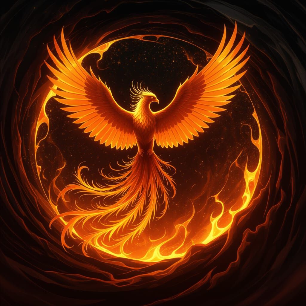 A majestic phoenix rising from a swirling vortex of liquid fire and molten gold. The creature's form is fluid and dynamic, with feathers mad...