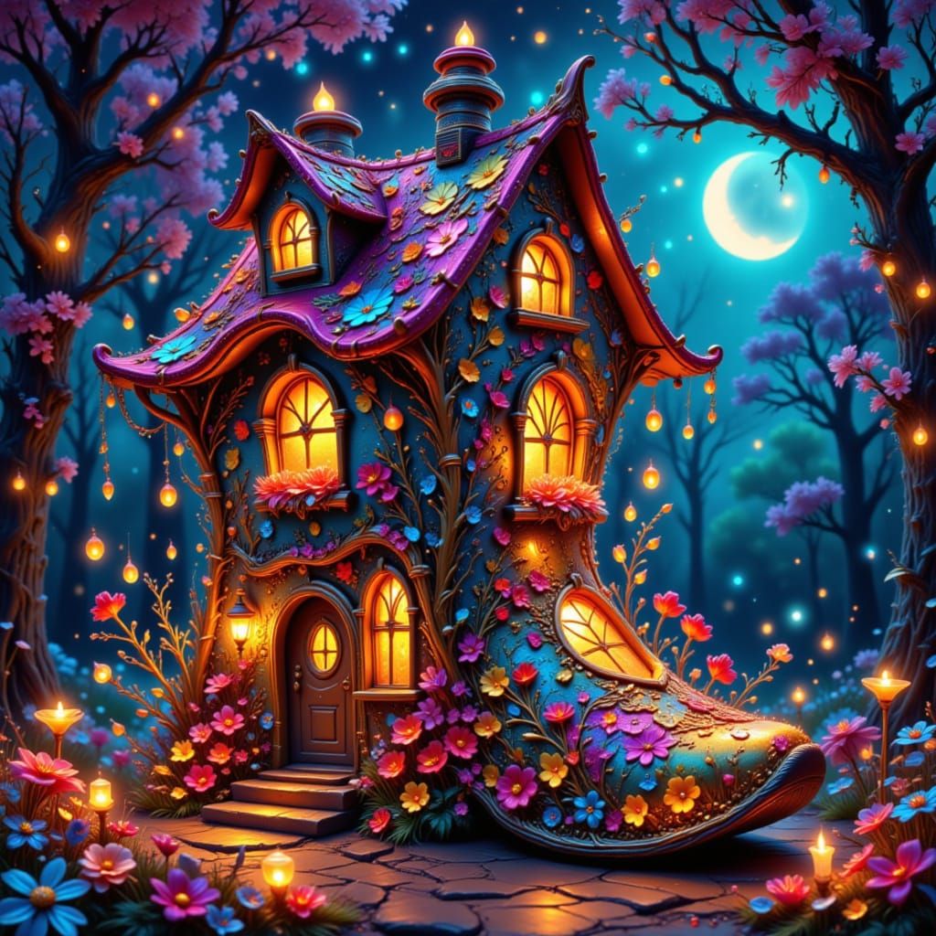 A Halloween witch's boot formed into a house, lavishly decorated in calavera style for the Day of the Dead<lora:Glimmernest V1:1.0>, <lora:U...