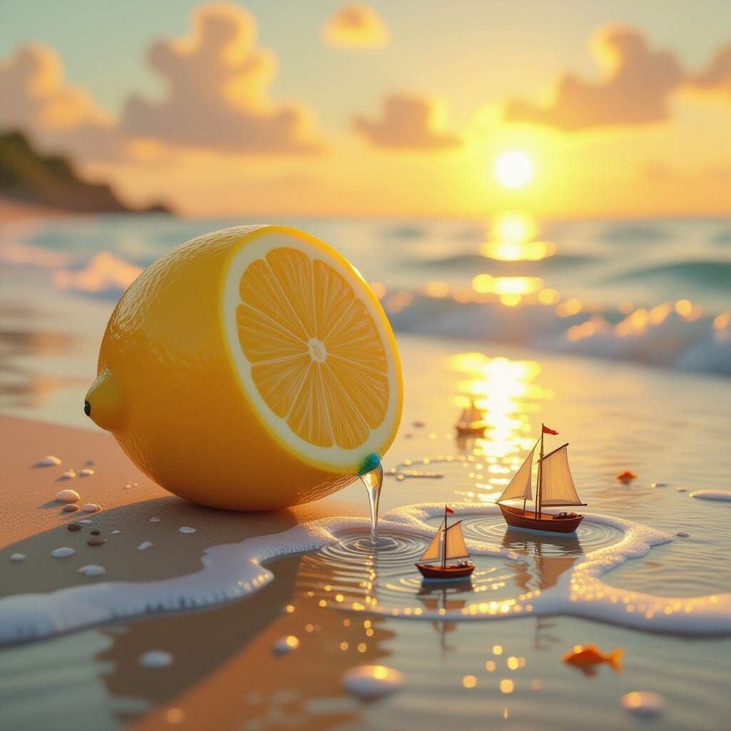 Whimsical Lemon Seashore with Ships and Fish