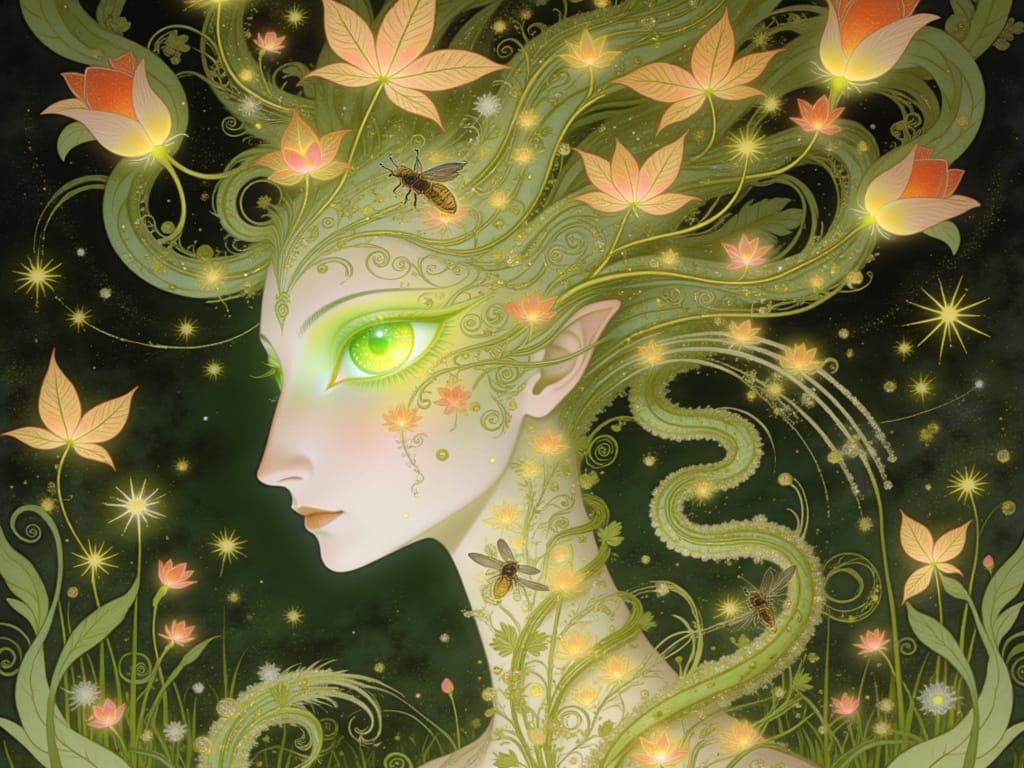 <lora:Ancient Nouveau:1.0> In the Weirdly Nouveau style, a whimsical side-profile dreamer with an impossibly long, graceful jaw and cheekbon...