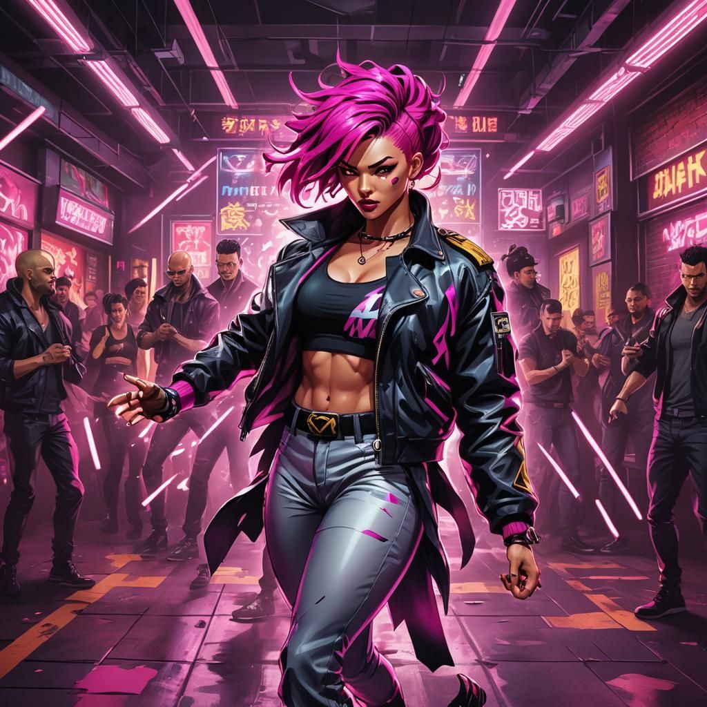 An American mma street fighter woman dressed in modern gangs...