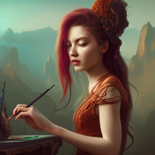 A girl painting herself