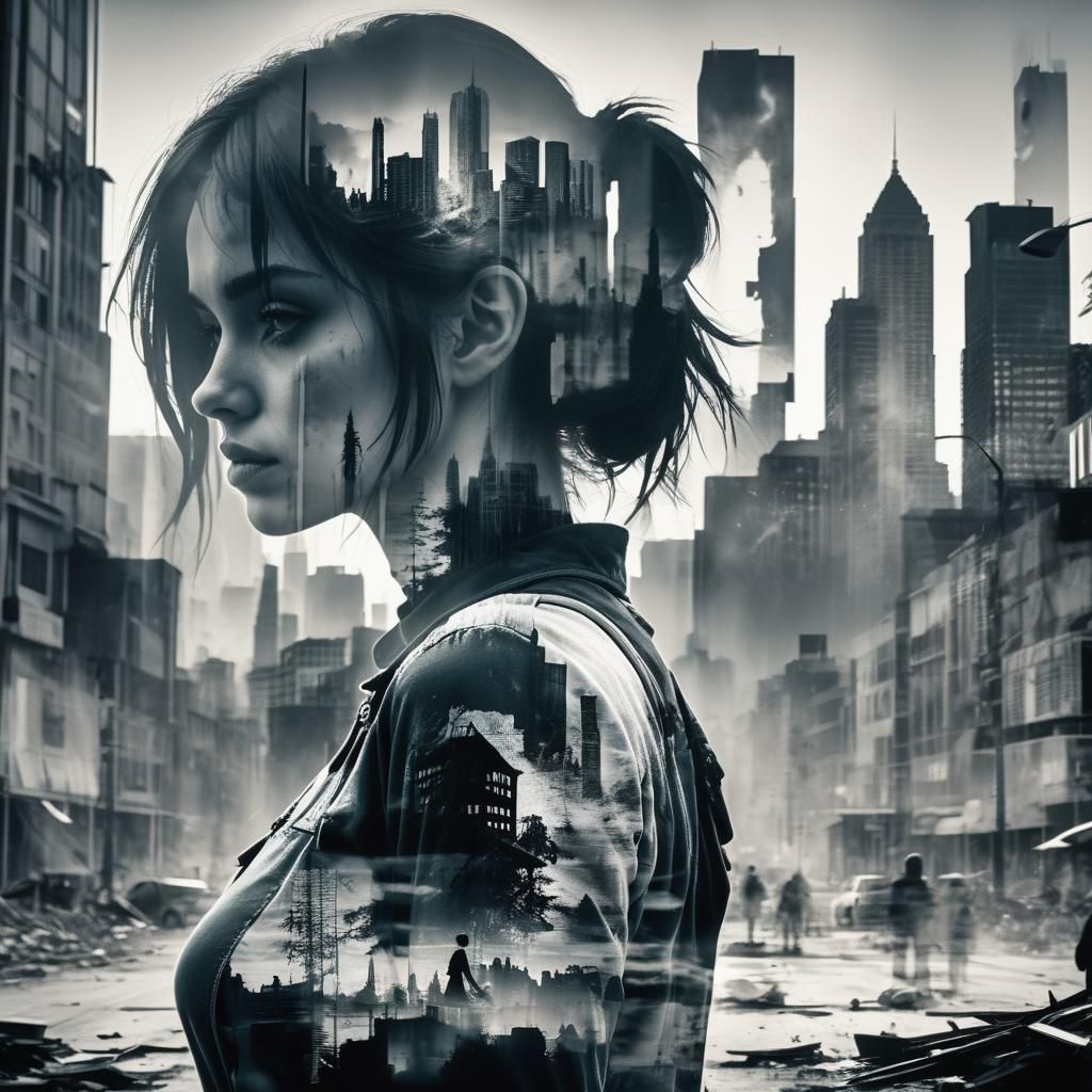 Masterpiece double exposure of a girl silhouette with monochrome apocalypse aftermath, a full color present ...  by @pressureman77