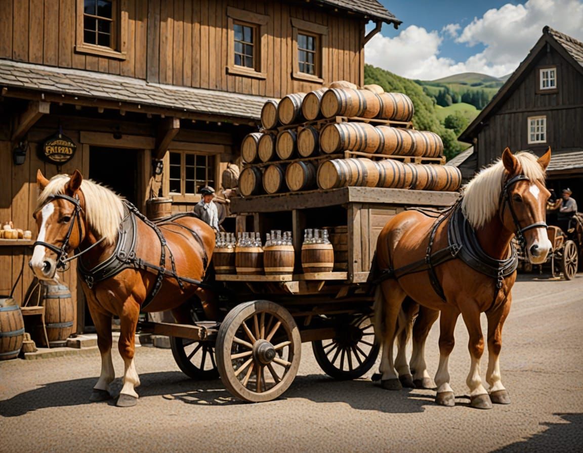 a wooden cart drawn by horses