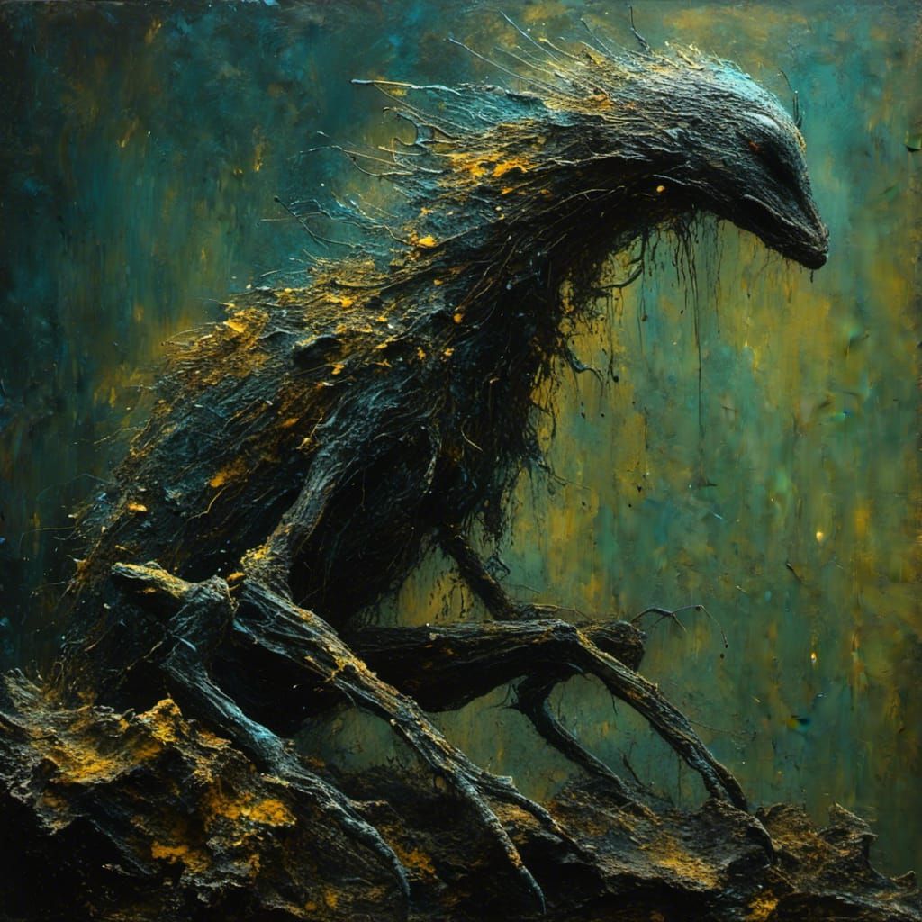 <lora:MJ6 Dark Oil Splash:1.0> a hybrid creature, character made of  glass and oil paint, splashes of paint and color dust around, fantasy...