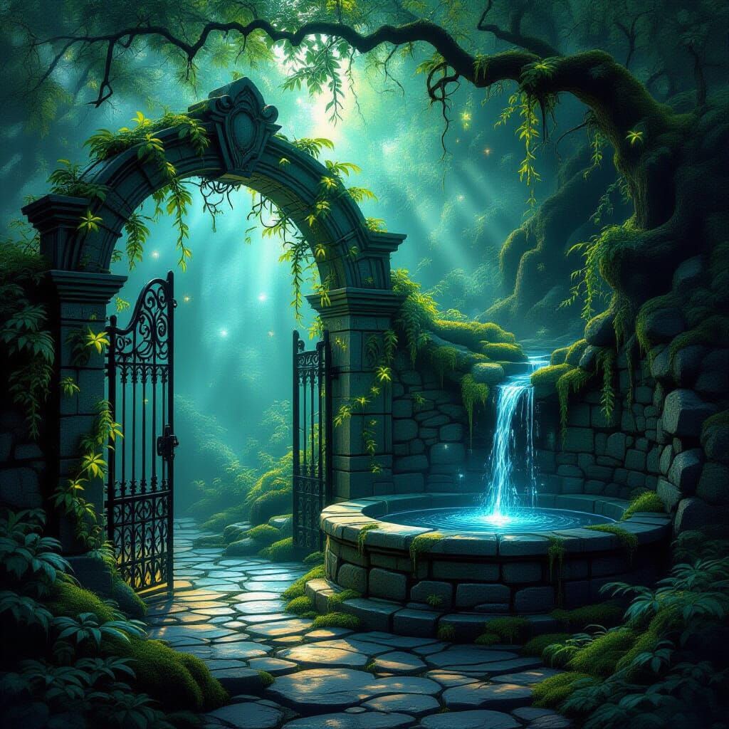Enchanted Gate and Well in Hyperrealistic Fantasy Art Style