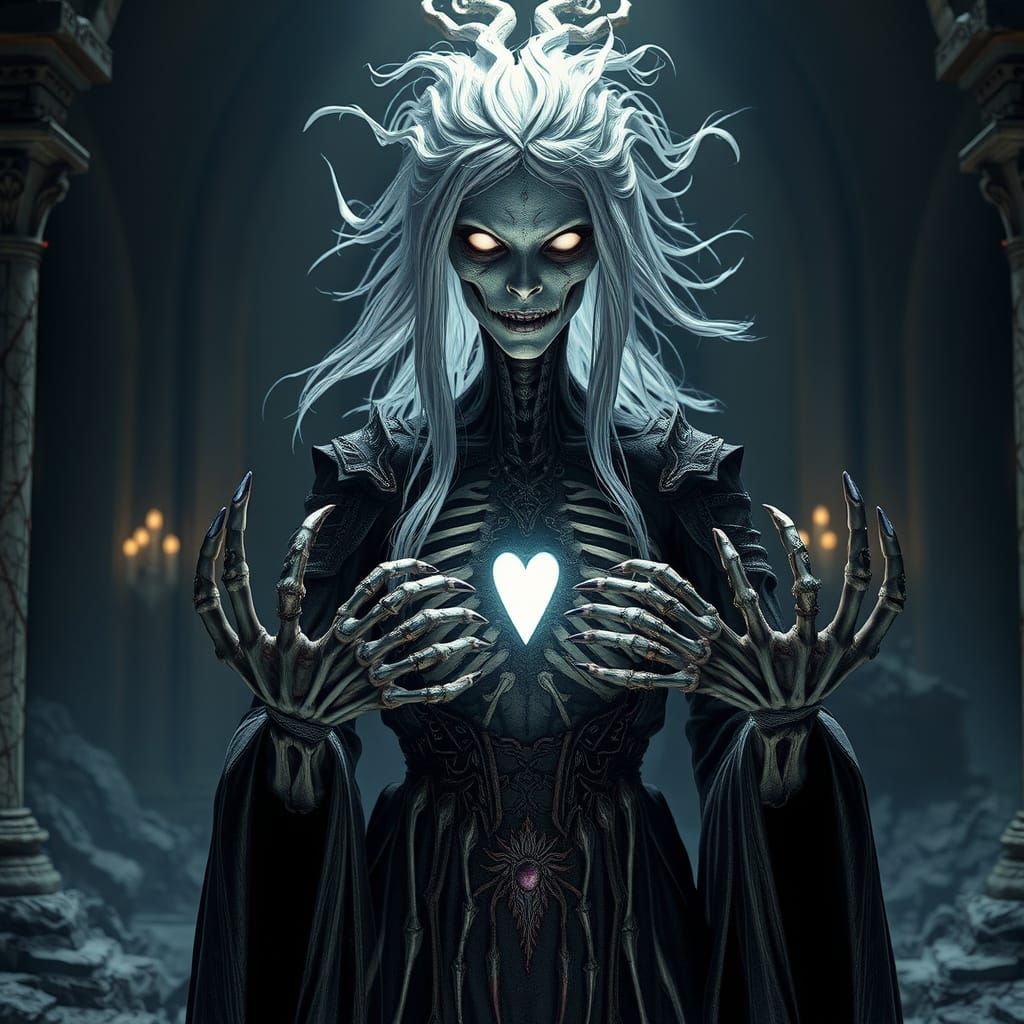 undead female drow priestess, ghostly and elegant, hollow glowing white eyes without pupils, silver hair floating as if underwater, skeletal...