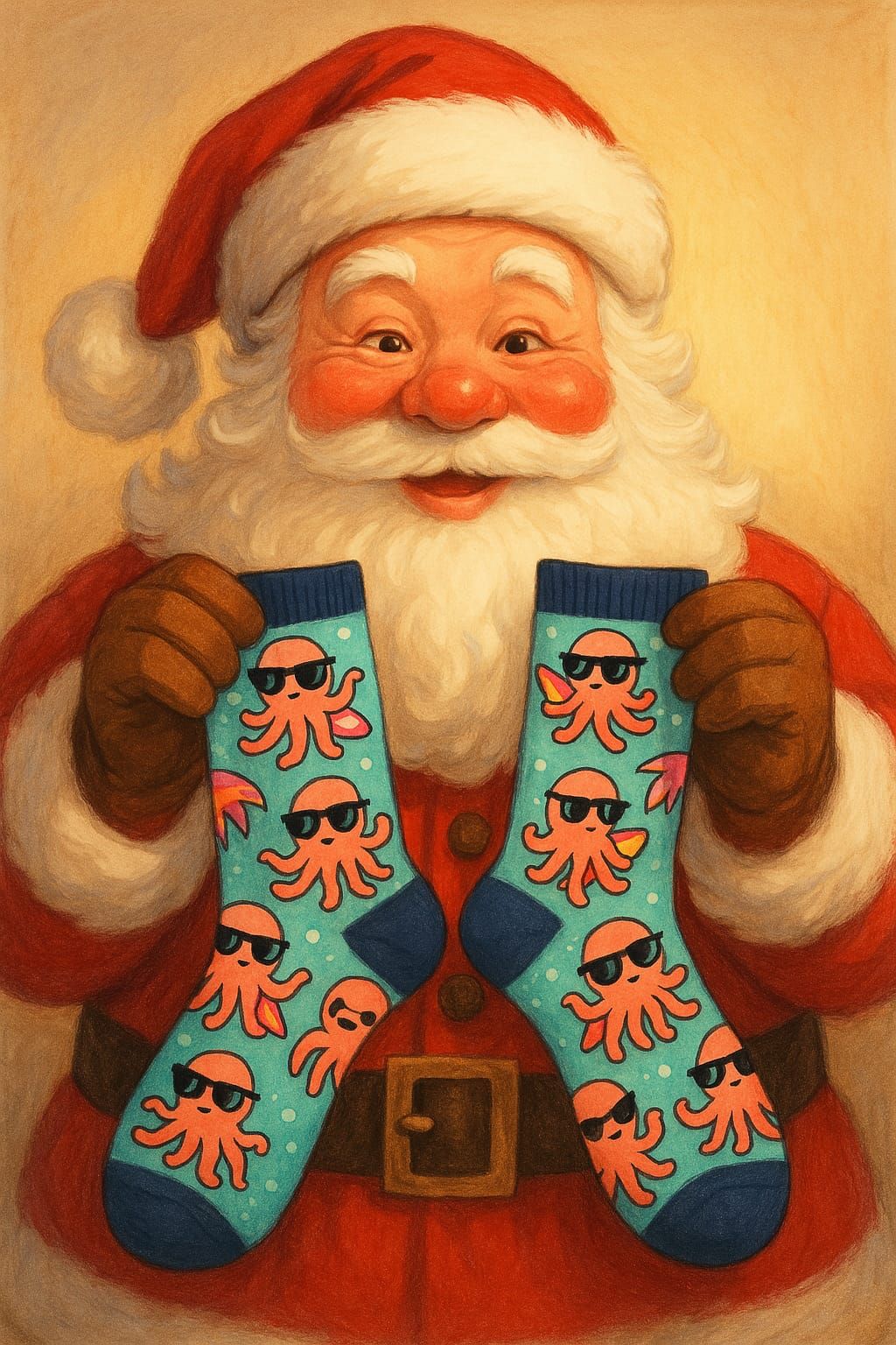 Father Christmas stands jolly and bright, his rosy cheeks ag...