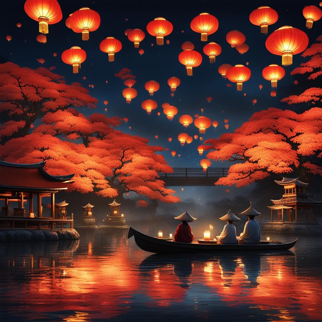 Tōrō nagashi ceremony with warmly glowing floating Japanese lanterns