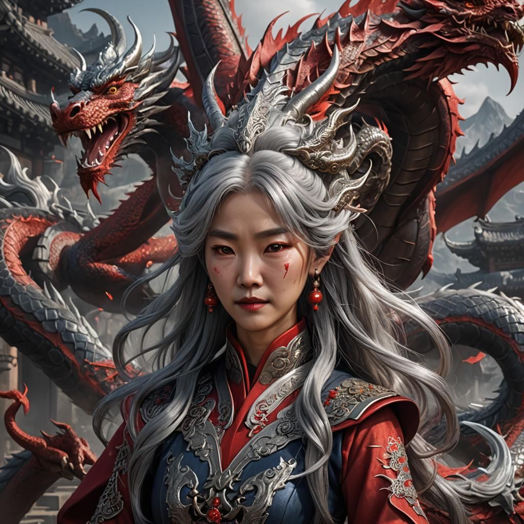 Korean lady silver hair red dragon