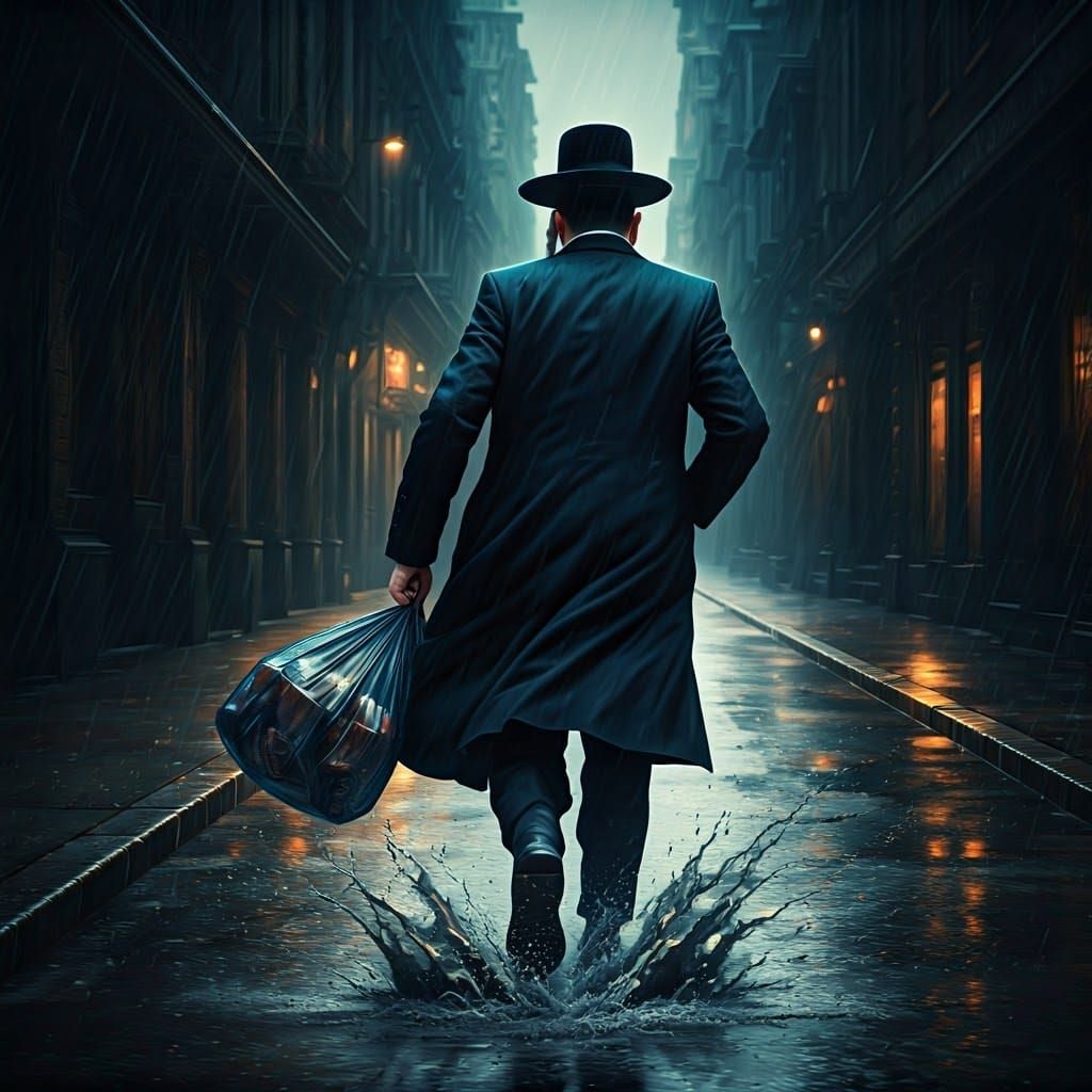 Orthodox Man Running in Rainy Street, Ultra-Realistic