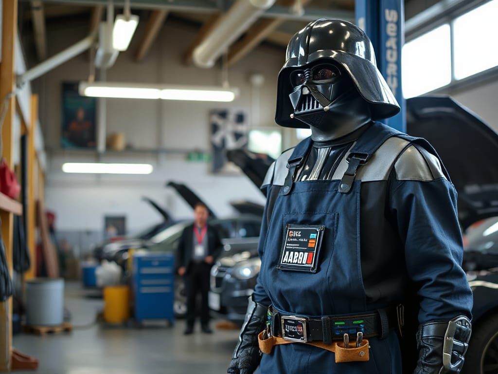 Street photo of Darth Vader wearing blue coveralls and a tool belt ...