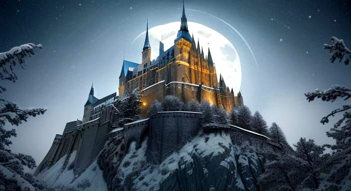 Majestic snowy castle mont Saint Michel with Gothic icy spires, perched on high snowy cliff, surrounded by gentle falling snow, and framed b...