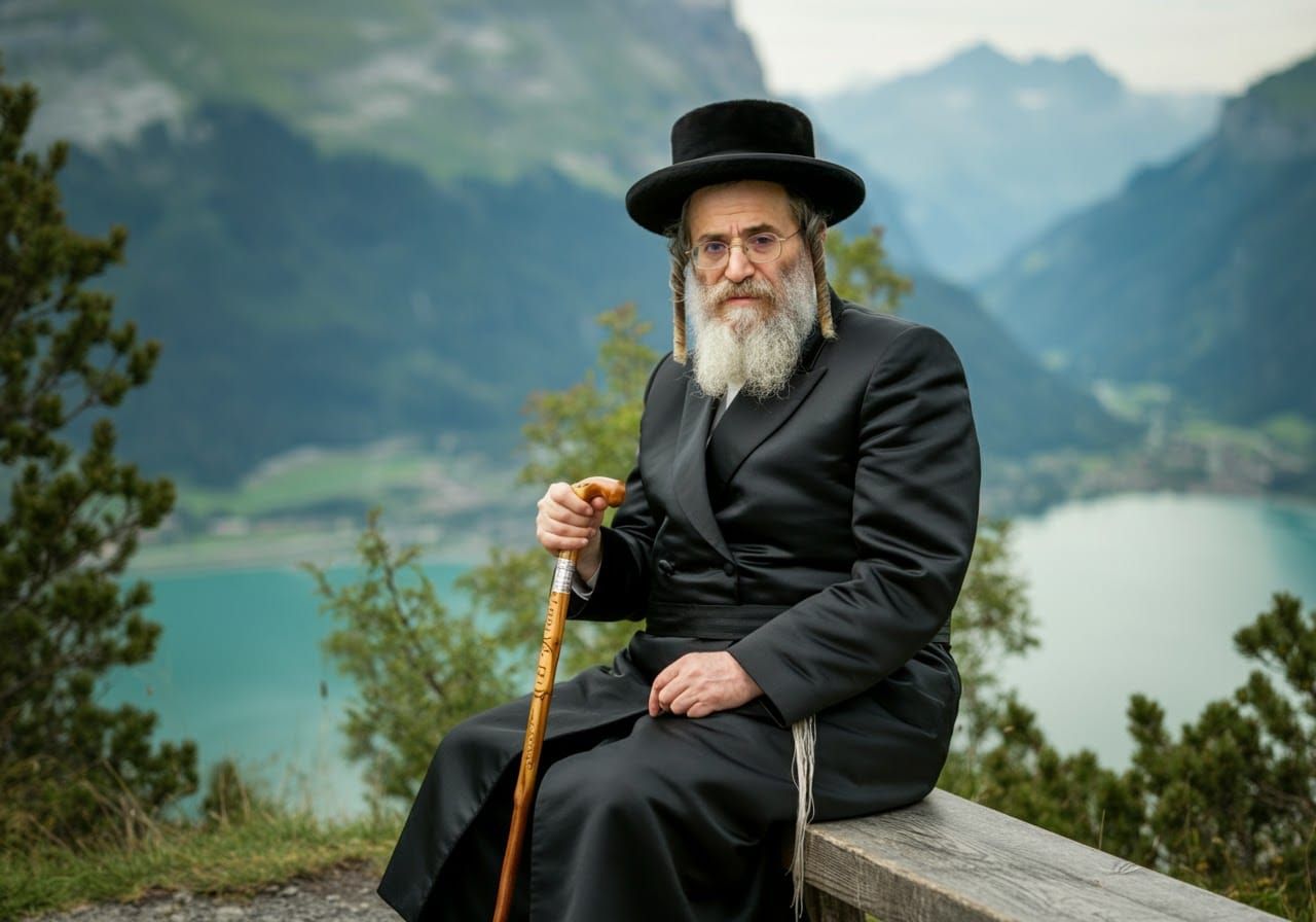 Ultra-Orthodox Man in Swiss Alps Scenery