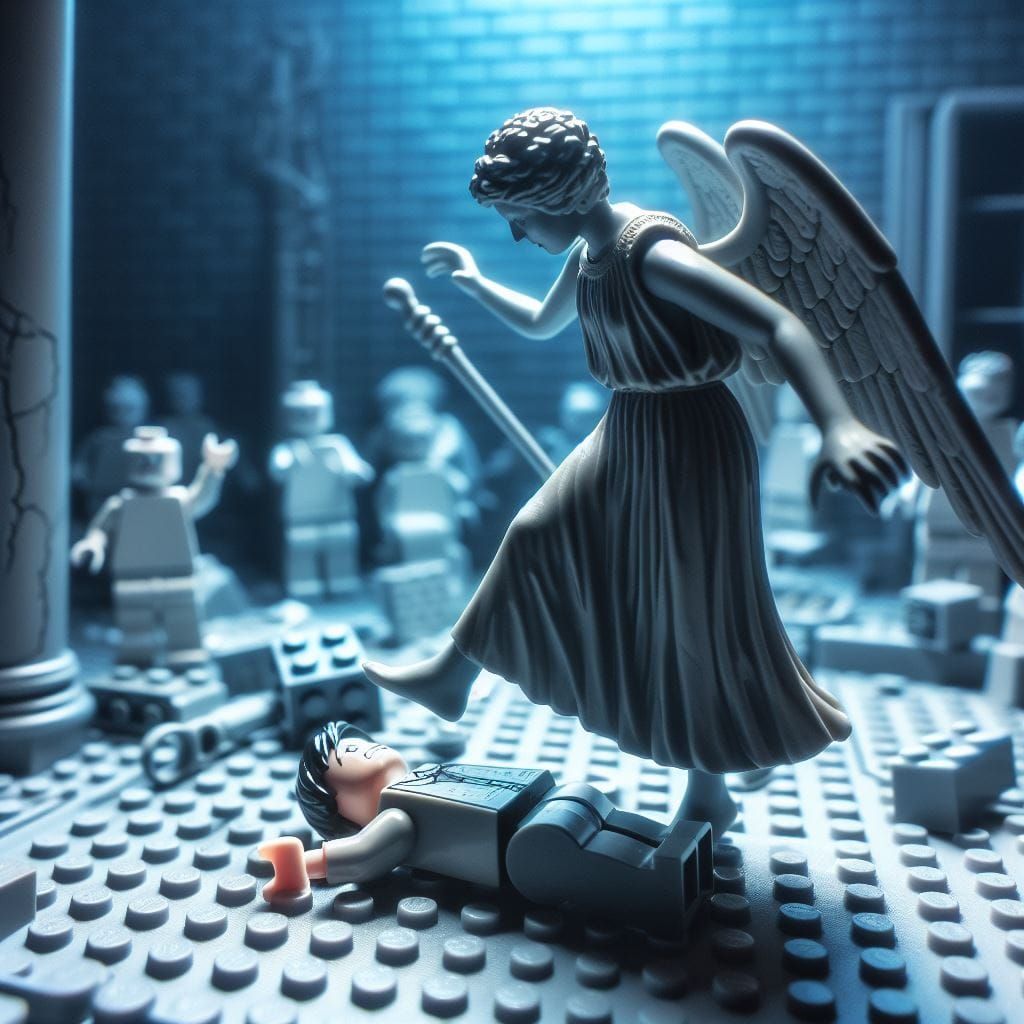 Weeping angel stepping on a lego brick 10