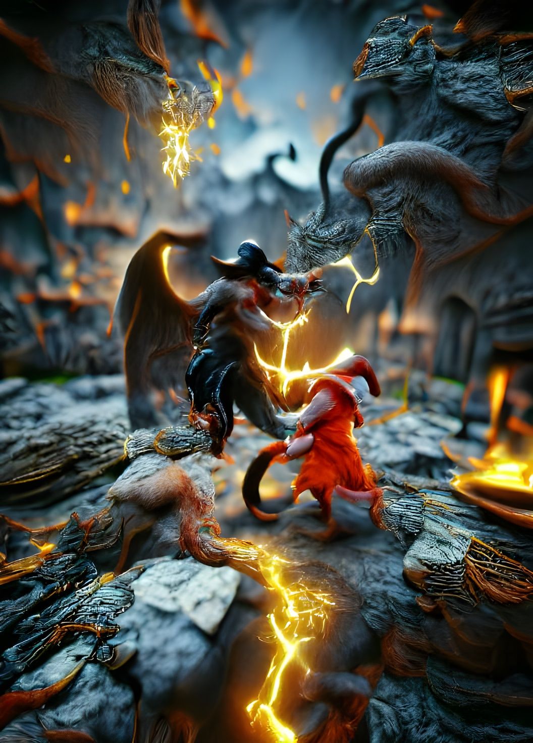 wizard fighting a demon in hell