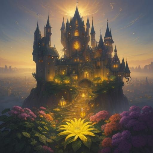 טירה מוזהבת צפה על עננים ורודים ולבנים, עם מפלים של אור שיורדים ממנה לשמיים. - Start Image 2