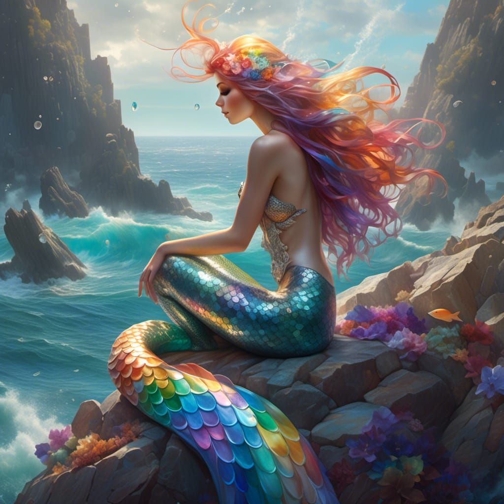 Rainbow Tailed Mermaid on the Rocks