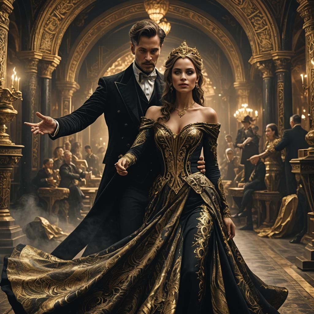 Magician with a beautiful woman in a black and gold dress