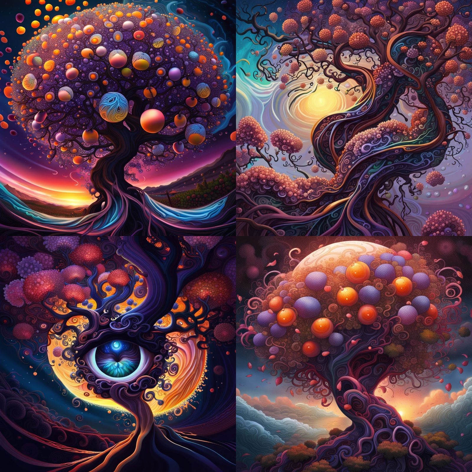 AI Love Dream: Human form, radiant ultra complex spherical plums eyes,  rain, storm, waves, complex blossom fruit tree with extremely twisty,  knotted trunk, - AI Generated Artwork - NightCafe Creator