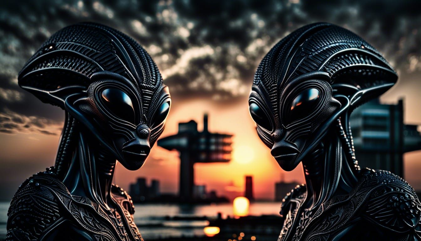 Black Aliens Rase In The Tokyo City Sunrise Ocean Intricate Details 