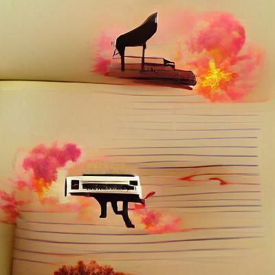 A piano dancing with a gun and a notebook