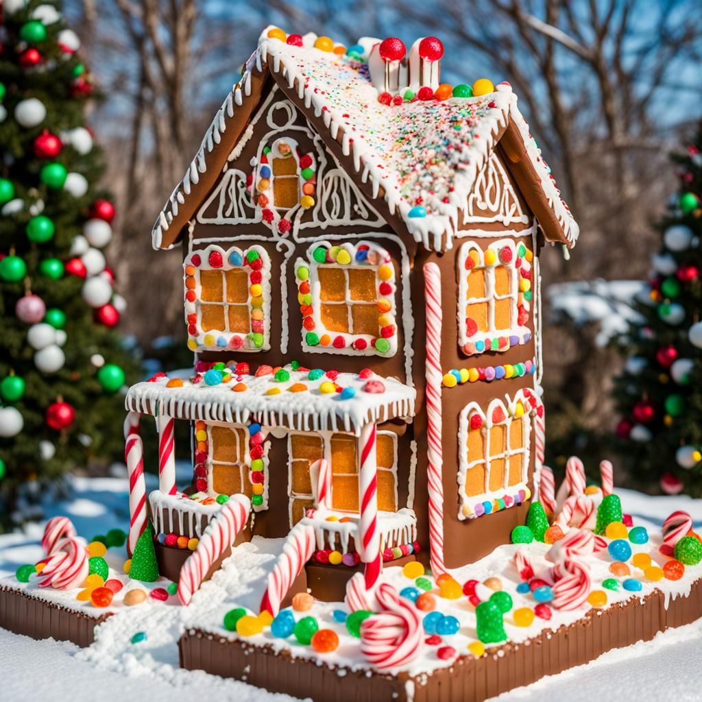 A 3 story tall gingerbread house with vanilla icing as the roof, with ...