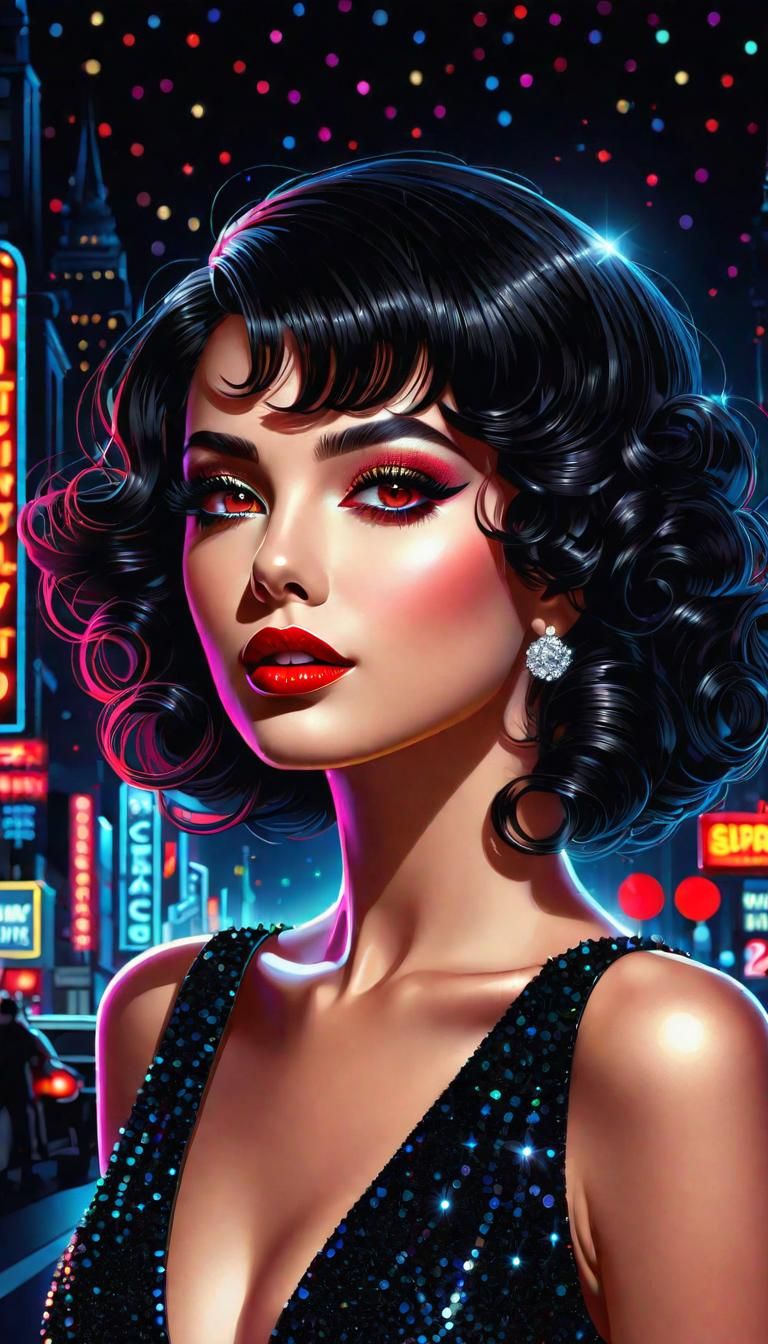 2d vector art, a woman in a black sparkly glittery dress at ...