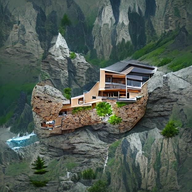 cliffside house in large mountains